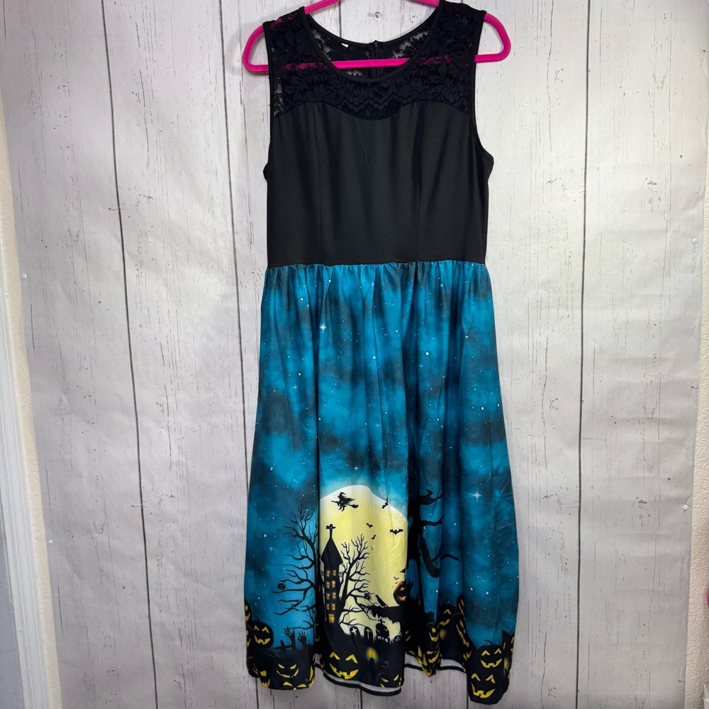 Halloween Haunted House Pumpkin Witch Print Lace Midi Dress Gothic Spooky Size L - Picture 8 of 16